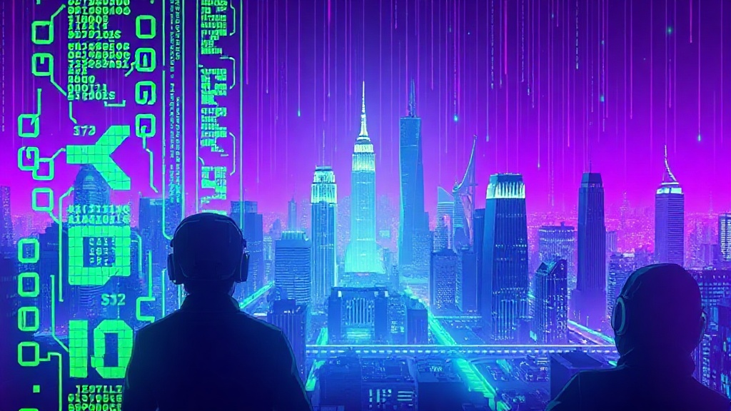 Flux de code lumineux sur une ville néon, ambiance codes GTA 6
