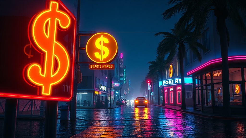 Signe dollar lumineux sur une rue néon mouillée, ambiance argent GTA 6