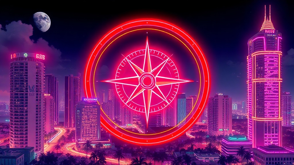 Boussole et carte lumineuses sur une ville néon, ambiance guide GTA 6