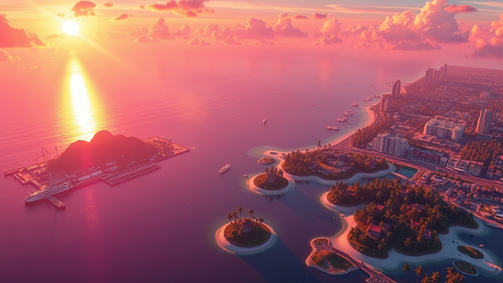 Vue côtière stylisée, ambiance carte de GTA 6