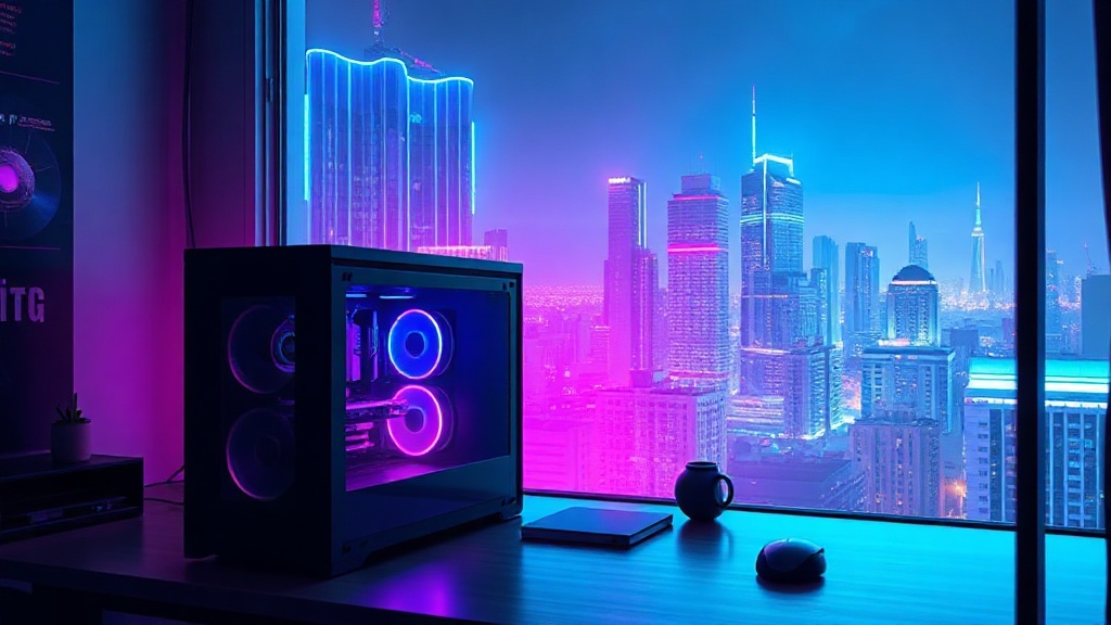 Setup PC gamer RGB face à une ville néon, ambiance GTA 6 sur PC