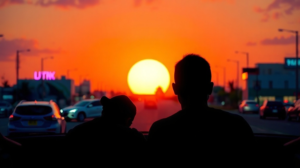 Deux silhouettes devant un coucher de soleil néon, ambiance GTA 6