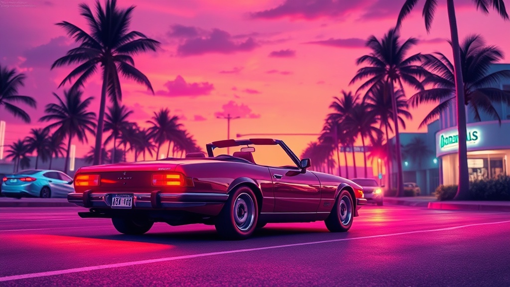 Voiture rétro sur un boulevard néon, ambiance GTA 6