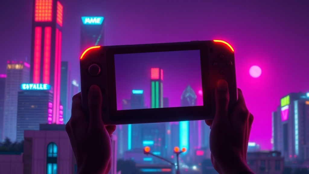Appareil portable lumineux devant une ville néon, ambiance GTA 6 Switch 2